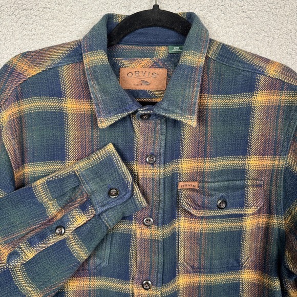 Orvis Shirt Mens M Blue Plaid Heavyweight Flannel Shacket Camp Lumberjack Rustic - Picture 1 of 11